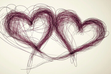 A close-up shows two hearts drawn with many thin, dark maroon lines