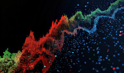 Shimmering particles of red, green, blue, and yellow form a dynamic, flowing composition against a dark background