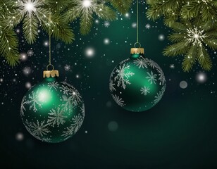 abstract green background with glitter snow and Christmas decorations