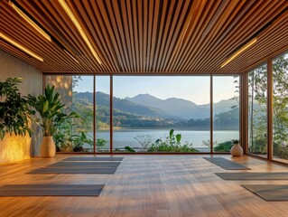 Fototapeta premium A yoga studio with a view of a lake