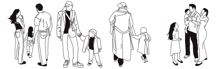Hand-drawn doodle family icon set. Outline family clipart. Hand-drawn black art.
