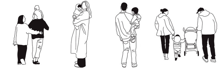 Hand-drawn doodle family icon set. Outline family clipart. Hand-drawn black art.