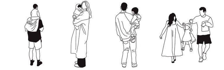 Hand-drawn doodle family icon set. Outline family clipart. Hand-drawn black art.