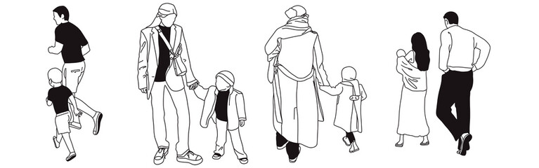 Hand-drawn doodle family icon set. Outline family clipart. Hand-drawn black art.