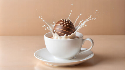 Chocolate Bomb Splashing into Milk in a White Cup