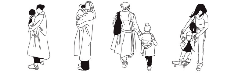 Hand-drawn doodle family icon set. Outline family clipart. Hand-drawn black art.