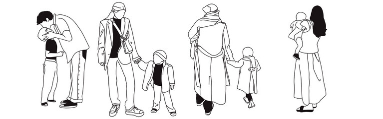 Hand-drawn doodle family icon set. Outline family clipart. Hand-drawn black art.