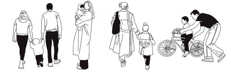 Hand-drawn doodle family icon set. Outline family clipart. Hand-drawn black art.