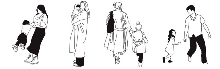 Hand-drawn doodle family icon set. Outline family clipart. Hand-drawn black art.