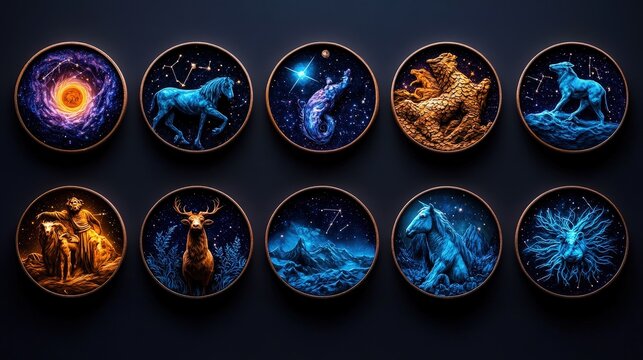 An exquisite collection of zodiac signs illustrated in a cosmic background, showcasing mythological creatures and celestial details, appealing to astrology enthusiasts.