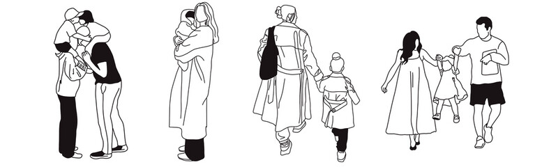 Hand-drawn doodle family icon set. Outline family clipart. Hand-drawn black art.