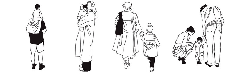 Hand-drawn doodle family icon set. Outline family clipart. Hand-drawn black art.