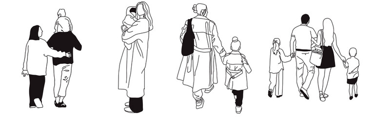 Hand-drawn doodle family icon set. Outline family clipart. Hand-drawn black art.