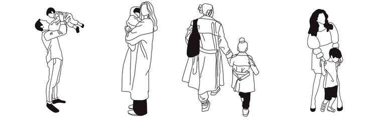 Hand-drawn doodle family icon set. Outline family clipart. Hand-drawn black art.