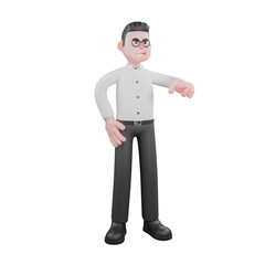 Creative 3D Model.  A male producer stands with one hand on his waist while the other is pointing at someone with a sly smile. Movie Style