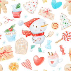 Watercolor Christmas seamless pattern winter background. Can be used for wrapping paper, textile, wallpaper, cards.