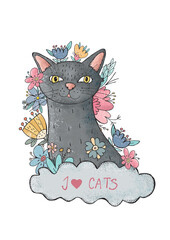 Original illustration of a gray cat surrounded by flowers.