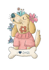 Original illustration of a dog surrounded by flowers.