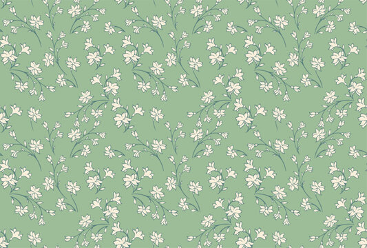 Pastel pattern with wild florals stems on a green mint background. Abstract artistic branches with tiny flowers, small buds seamless print.  Vector hand drawing sketch. Simple ornament print