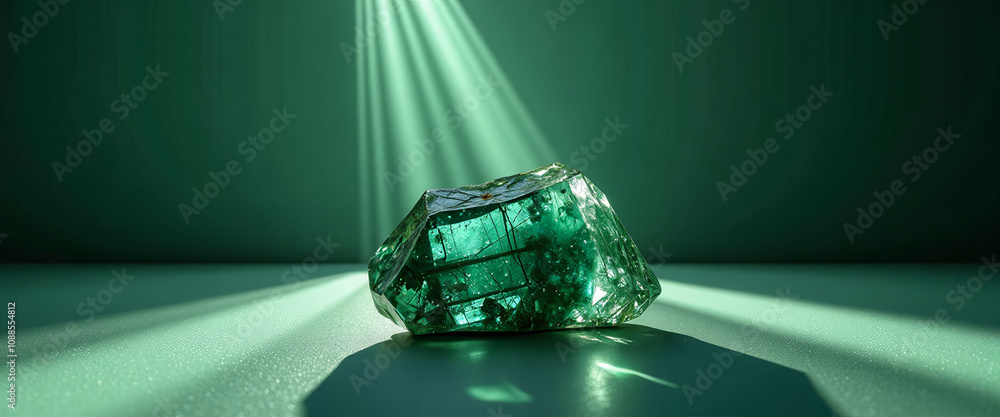 Poster a green rock with a rough surface sits on a table. the rock is large and has a unique shape