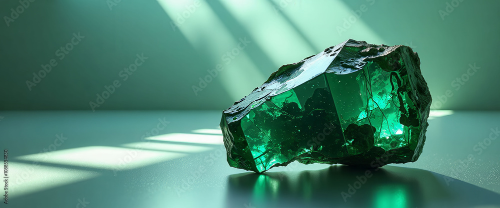 Poster a green rock with a rough surface sits on a table. the rock is large and has a unique shape