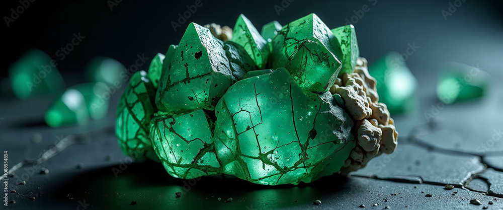 Poster a green rock with a rough surface sits on a table. the rock is large and has a unique shape