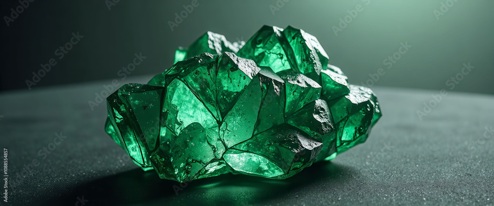 Poster a green rock with a rough surface sits on a table. the rock is large and has a unique shape
