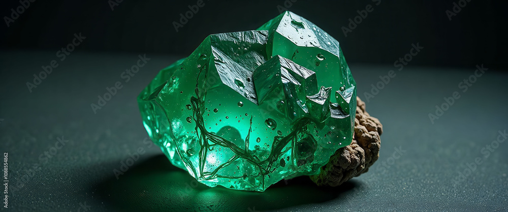Poster a green rock with a rough surface sits on a table. the rock is large and has a unique shape