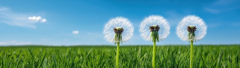 Naklejka premium Three dandelions in a green field under a bright blue sky with fluffy clouds.