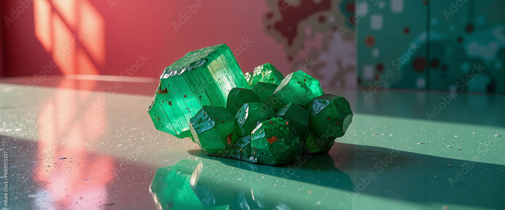 Poster a green rock with a rough surface sits on a table. the rock is large and has a unique shape