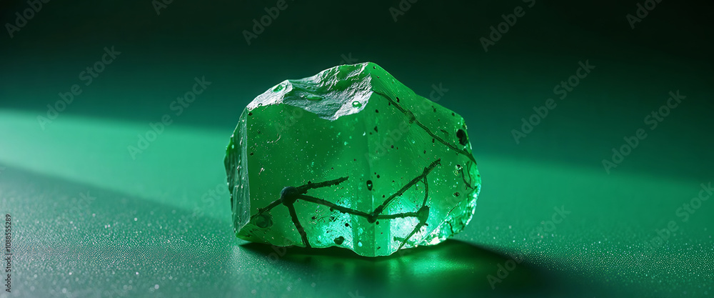 Poster a green rock with a rough surface sits on a table. the rock is large and has a unique shape