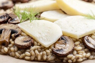 Delicious creamy risotto topped with fresh mushrooms and slices of cheese, garnished with herbs.