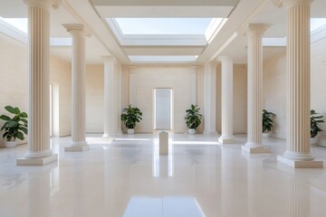 Fototapeta premium Serene symmetrical minimalist Greek columns showcasing elegant marble forms in a tranquil setting.
