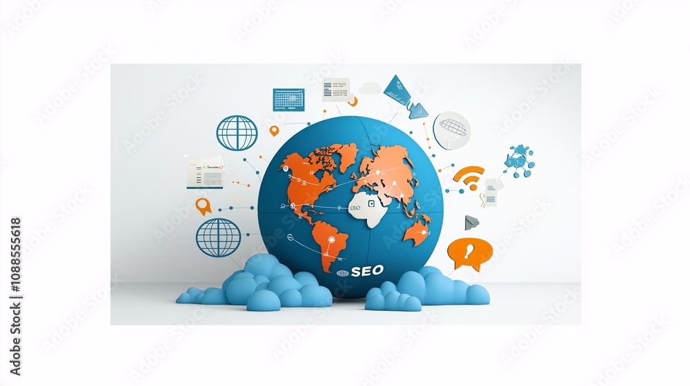 Poster creative digital art depicting a globe surrounded by design elements and icons representing technolo