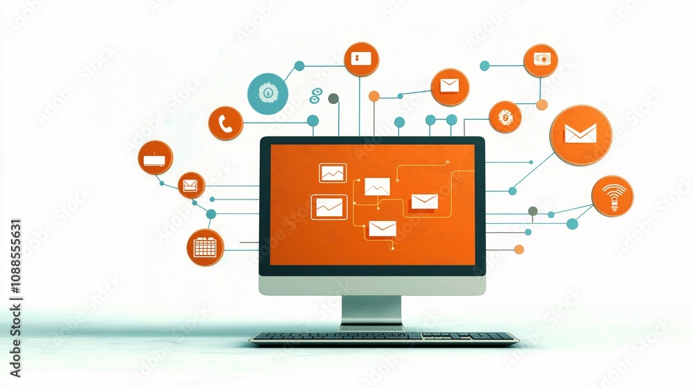 Poster innovative creative design concept of computer screen with colorful communication icons and connecte