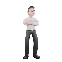 3D Cartoon Model.  A male producer stands with his arms crossed in front of his chest while his head is slightly raised, an arrogant expression. Professional Illustration