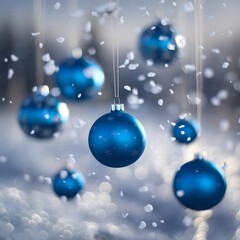 Christmas Background with blue ornaments and snowflakes, Christmas-themed blue ornaments background, Christmas tree decorations, blue glass baubles with snowflake patterns