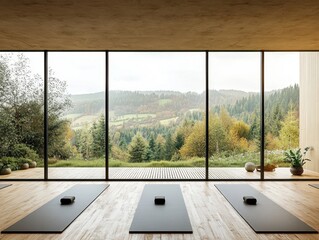 A yoga studio with three mats on the floor