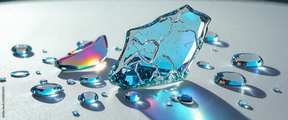Poster a blue crystal is on a table with water droplets around it. the water droplets are scattered all ove