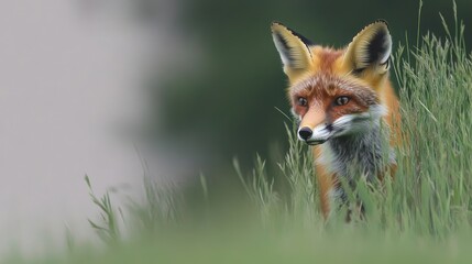 A fox standing in tall grass, blending into its natural habitat.