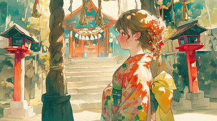 Naklejka premium 日本の新年を祝う、初詣に行く女性,神社,振袖,着物,和,