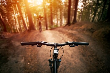 Naklejka premium Mountain Biking POV: Speeding Through Forest Trails