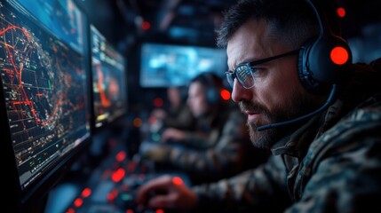 Focused military personnel utilize advanced technology to analyze data on multiple screens, showcasing teamwork and high-stakes decision-making in modern operations.