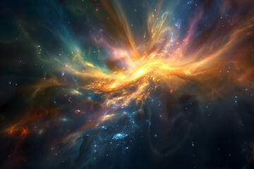 Fototapeta premium Majestic supernova wallpaper with swirling nebulae and intense stellar light. The dynamic, colorful explosion offers a deep, awe-inspiring view of the universe's power.