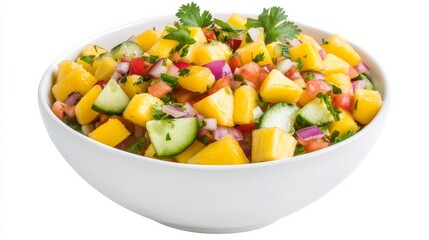 A refreshing bowl of mixed fruit ceviche with diced mango, pineapple, cucumber