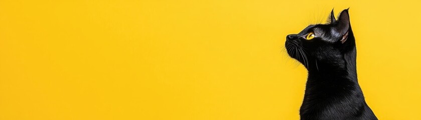 A sleek black cat gazes thoughtfully against a vibrant yellow background, creating a striking visual contrast that highlights its features.