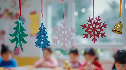 Classroom christmas activities of glittery paper snowflakes made by kids in the arts and crafts or Christmas trees drawn or jingling bells brought.