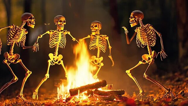 Skeletons dancing around a campfire in a forest setting.