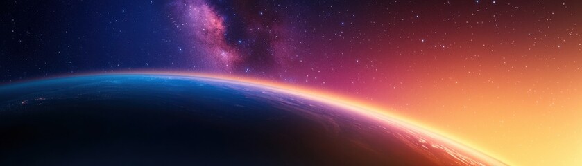 Stunning cosmic sunrise over earth outer space digital art celestial environment wide-angle view cosmic beauty