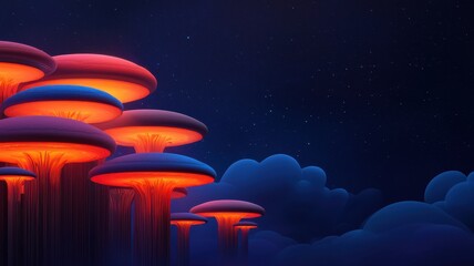 Beautiful vibrant mushrooms glowing in a mystical night sky filled with clouds.